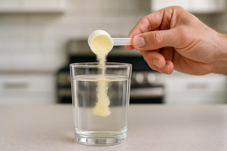 Scoop of ėNOS powder being stirred into a glass of water
